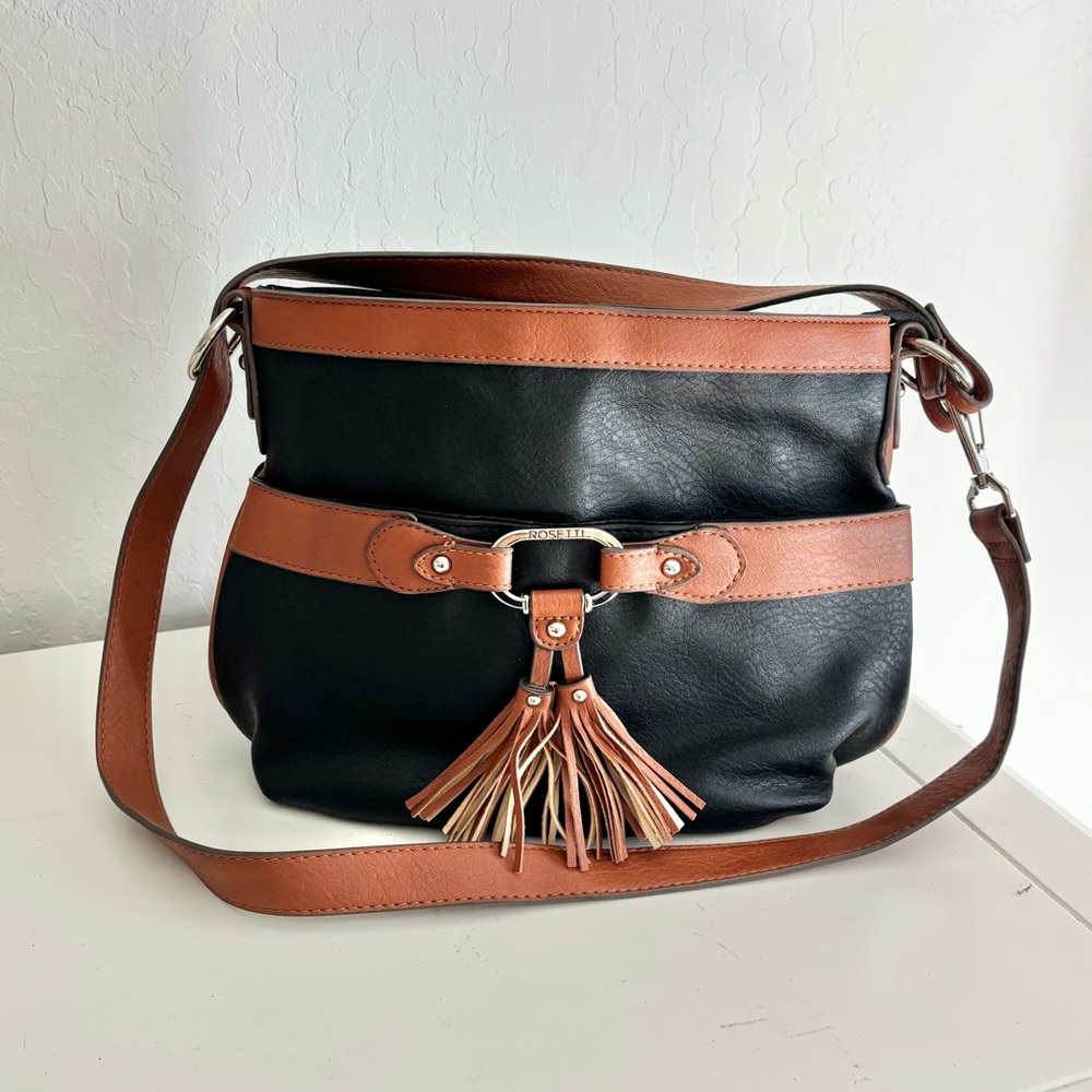 Rosetti Midge Crossbody Bag in Black & Maple Brown Faux Leather